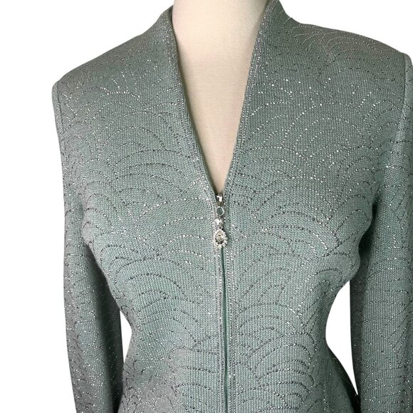 VTG St John Collection Mint Green Santana Silver Paillettes Zip up Jacket Size 6 - Picture 3 of 6